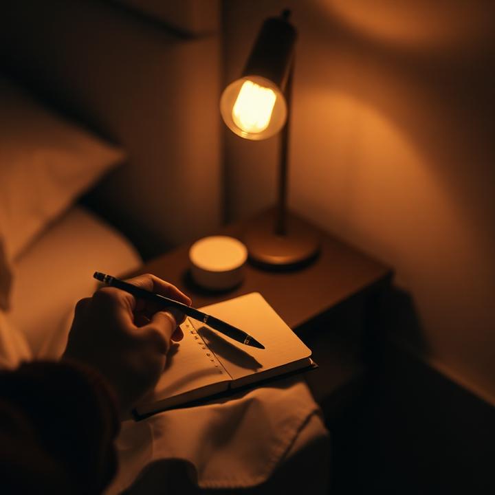 A hand setting a small notebook beside a warm bedside lamp at night